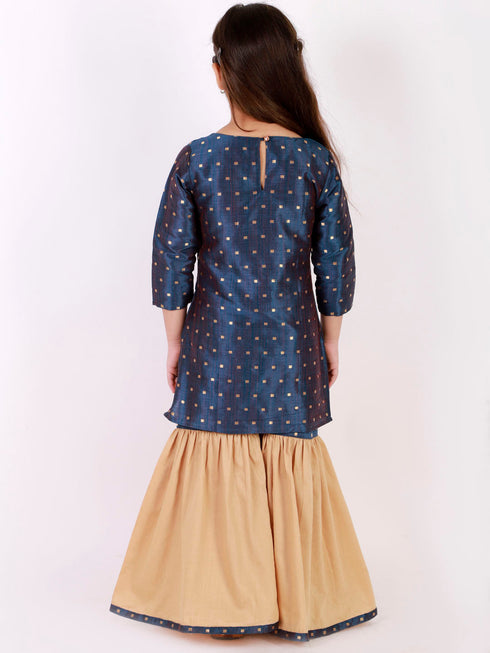 Girl's' Blue Zari Kurta And Rose Gold Sharara Set